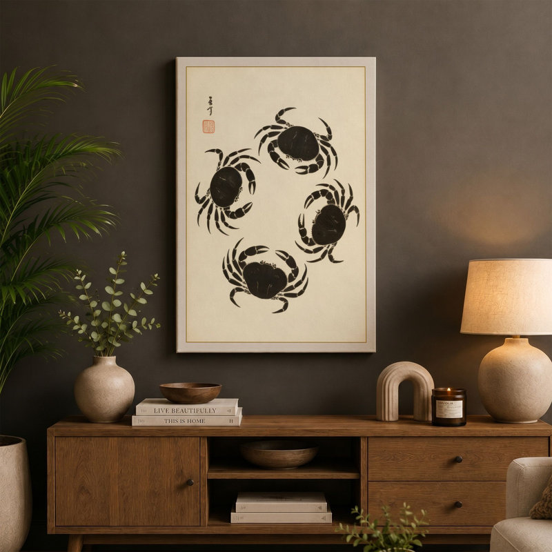 Four Crabs Japandi - Wrapped Canvas, 18x12 - 45.7 x 30.5 cm, Black Border
