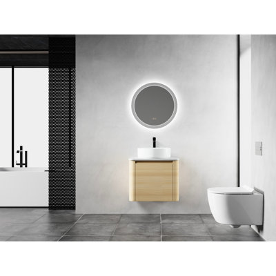 Meuble-lavabo de 24 po avec lavabo d'art en céramique, 1 porte, contreplaqué - style moderne, couleur chêne blanc américain, dalle de pierre, surface lisse, facile à nettoyer, rangement spacieux, charnières, 45 poignées dissimulées
