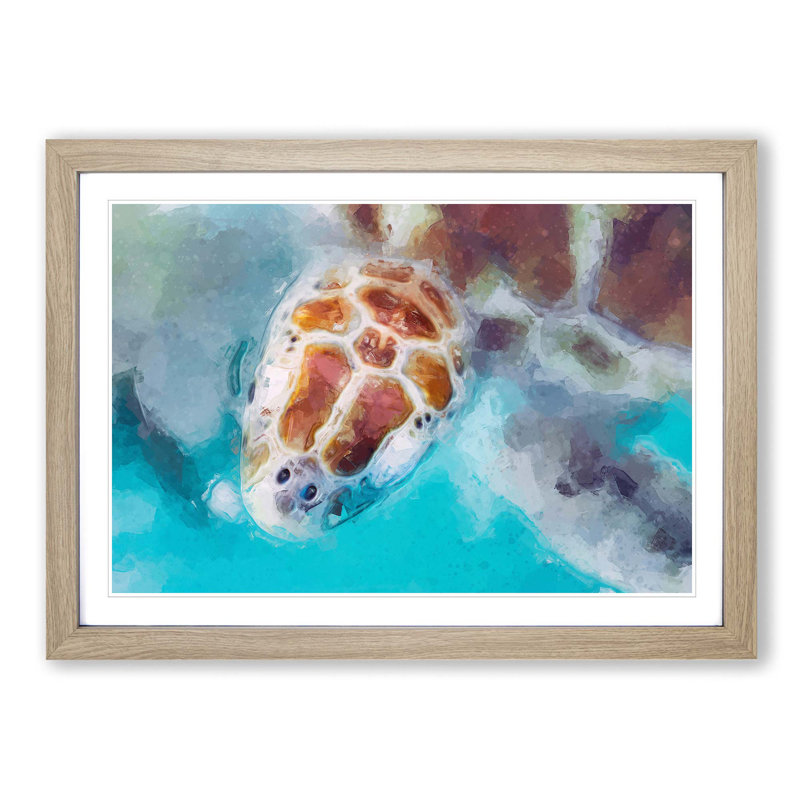 Green Sea Turtle in Abstract - Picture Frame Graphic Art Print on MDF, 36cm H x 48cm W x 2cm D, Oak Framed