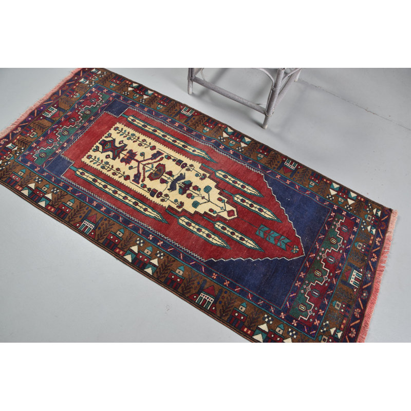 Tapis turc vintage en laine fabriqué à la main en rouge et bleu avec des accents ornés antiques pour la décoration intérieure