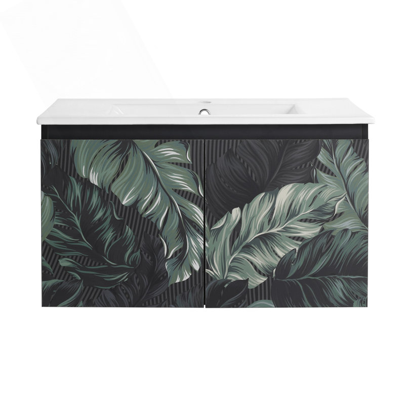 Meuble-lavabo mural flottant écologique de 30 po avec lavabo en céramique et porte à fermeture en douceur pour salle de bain moderne