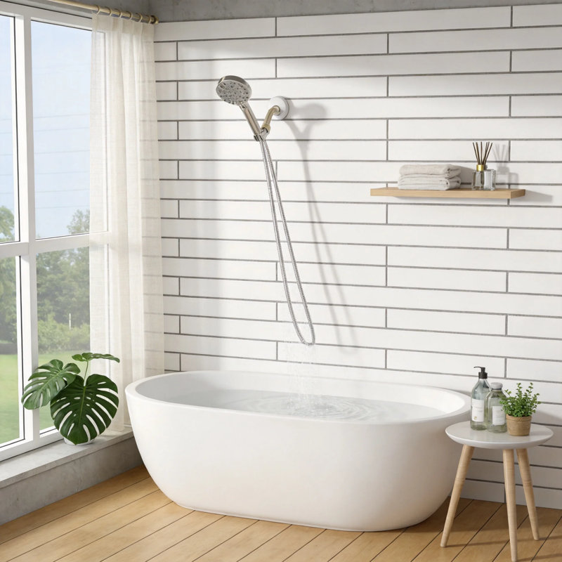 Douchette à main 8 fonctions avec flexible en acier inoxydable de 150 cm, finition nickel brossé, ensemble de douche haute pression avec support de fixation réglable, diamètre de 12 cm, fixation murale
