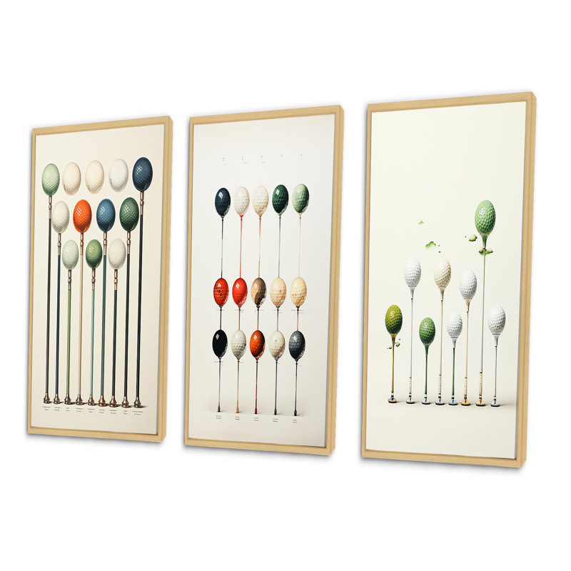 Minimalisme, jeu de tees de golf - ensemble d'art mural de golf 3 pièces, H 40 po x l 60 po, Encadré naturel