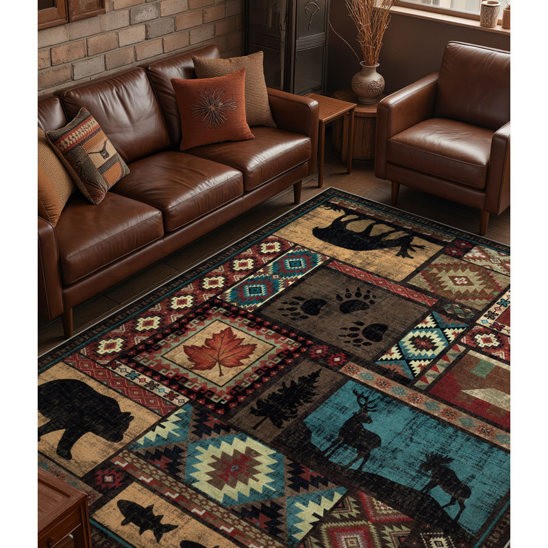 Tapis rustique lavable à la machine avec envers antidérapant Rustic Cabin Lodge, Rectangle 5 pi x 7 pi