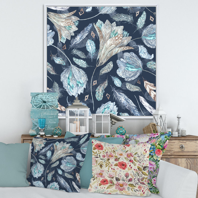 Motif botanique bleu marine - peinture sur toile, H 30 po x l 30 po x P 1 po, Cadre blanc