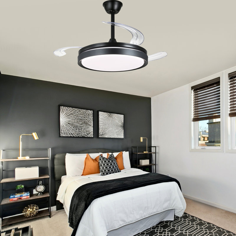 Aadvik 42" Black Modern Ceiling Fan with Lights and Remote, 6-speed Reversible Motor, Retractable Fandelier for Bedrooms