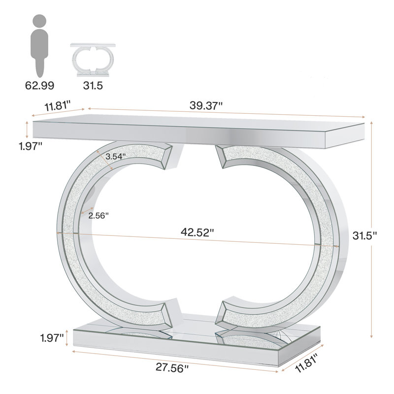 39-Inch Mirrored Console Table, Modern Glass Silver Entryway Table, Silver