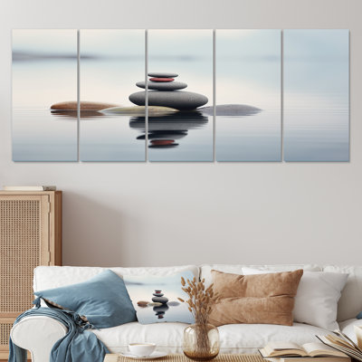 "Blue Zen Serenity Of Spiritual Stones In Water IV" - Pierre spirituelle, art mural 5 pièces