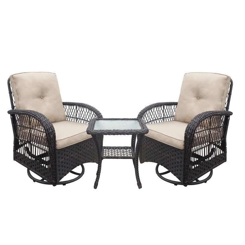 Chaise pivotante d'extérieur en rotin trois pièces avec coussin, Beige