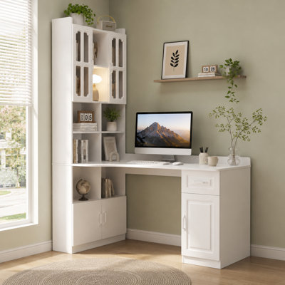 2-in-1 L-Shaped Corner Computer Desk with Drawers, Hutch & Bookshelf