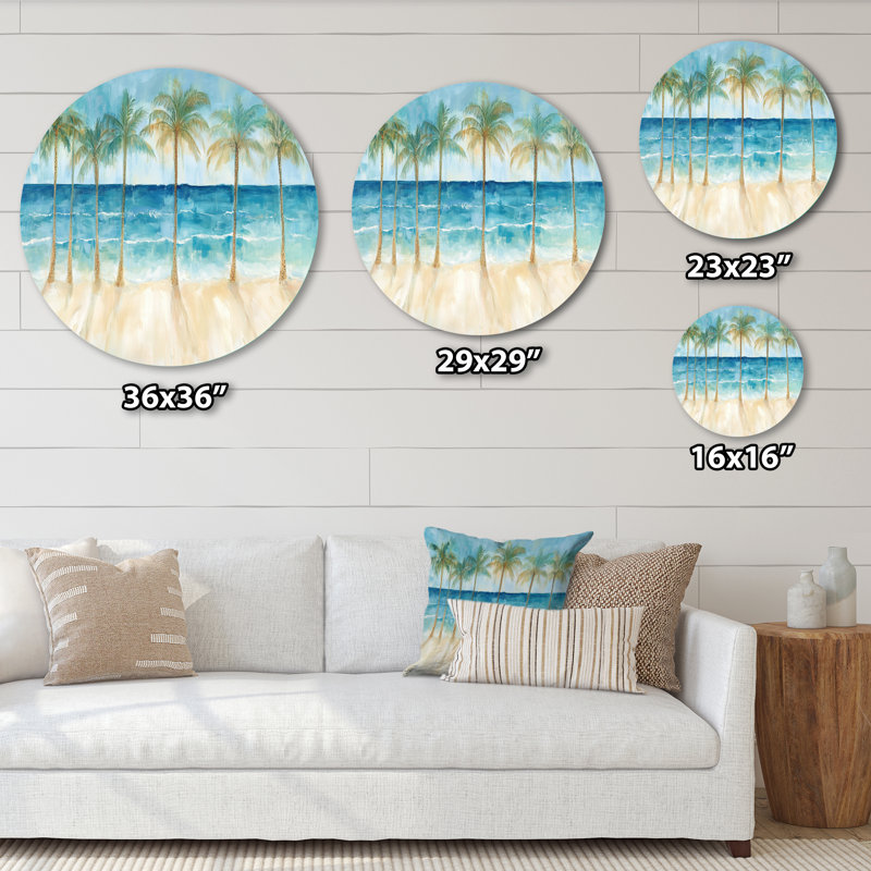 Palms laissez collage horizon à la plage - décoration murale ronde en métal bord de mer tropical, L 36 po x H 36 po