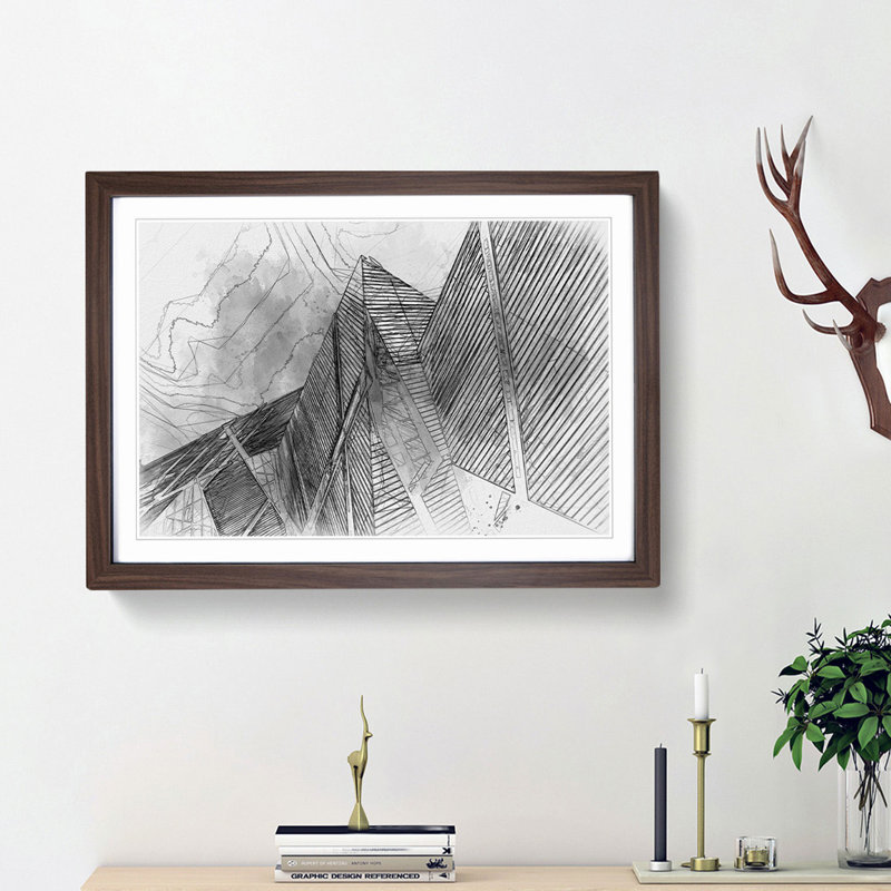 Architecture Sketch Vol.30 in Abstract - Picture Frame Drawing Print, 48cm H x 65cm W x 2cm D, Walnut Framed
