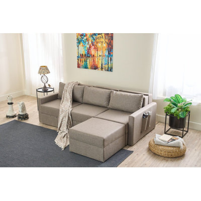 Élégant canapé-lit d'angle, brun, 90,6 po x 28,3 po x 43,3 po | Structure 100% bois de sapin, tissu 100% polyester de lin | Coussins amovibles, coffre de rangement, assemblage facile