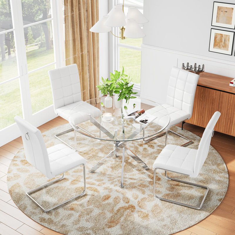 5 - Piece Glass Top Dining Set (set Of 5), Silver, White/Silver