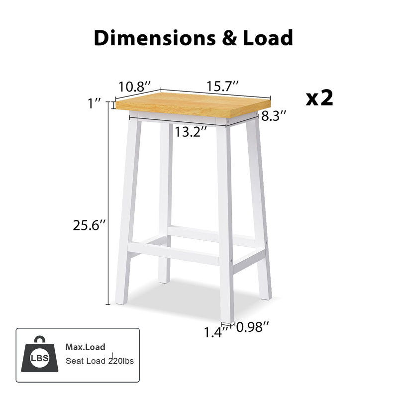 Tabourets de bar en bois massif K&K (pas cher en fer), ensemble de 2 chaises de bar de 25,6 po de hauteur, tabourets de comptoir de cuisine avec repose-pieds, tabourets de ferme pour la salle à manger, cuisine, comptoir, blanc