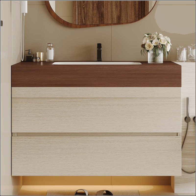 Meuble-lavabo mural 29,9 po avec plateau en faux marbre et tiroirs, Wood, Walnut