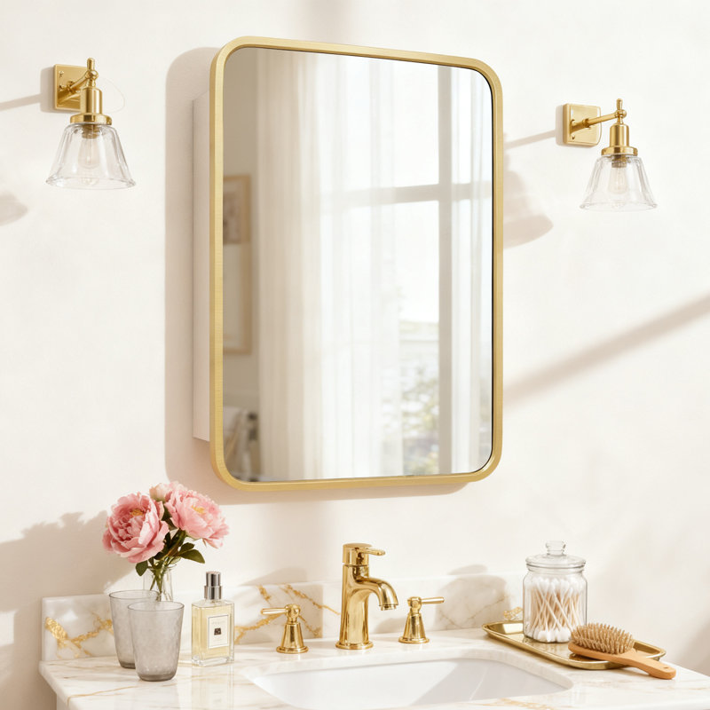 Armoire à pharmacie en aluminium avec miroir, Doré, H 24 po x l 16 po x P 3,8 po