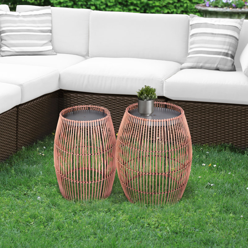 Outdoor Bamboo Drum Side Table with Iron Top, Weather-Resistant Boho Accent Table for Patio & Garden, 47 cm H x 31.8 cm Dia.