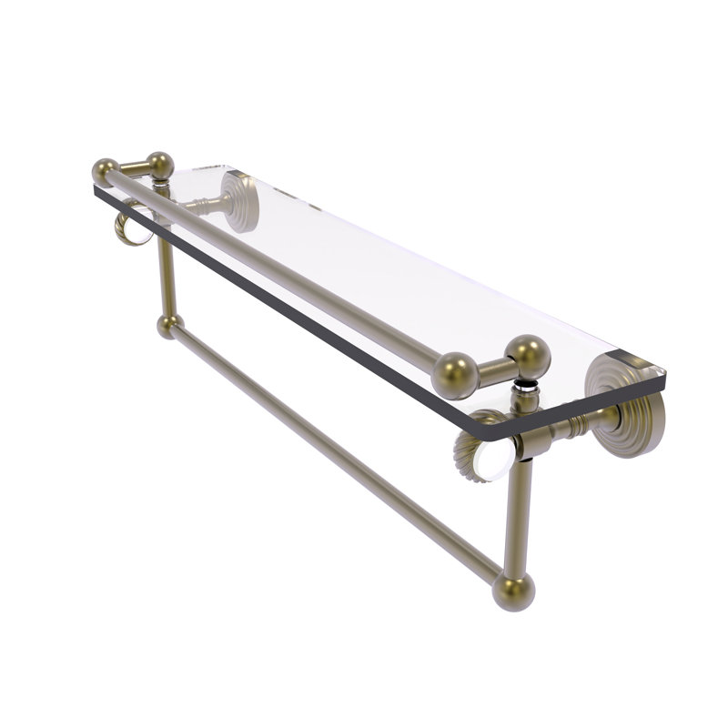 Jarrell Glass Bracket Shelf with Towel Bar, 5.5" H x 22" W x 6.8" D, Antique Brass