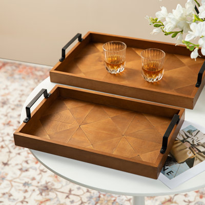 Rectangle Wooden Geometric Trays With Metal Handles
