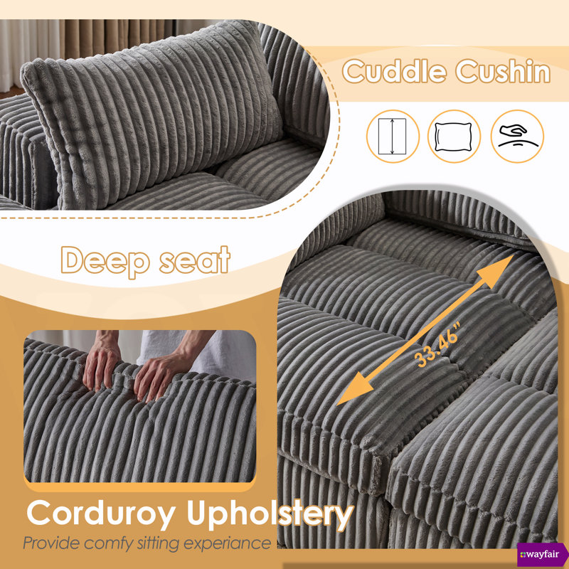 Canapé double en velours côtelé à siège profond l 41,34 po Sean Boneless, Velours côtelé gris