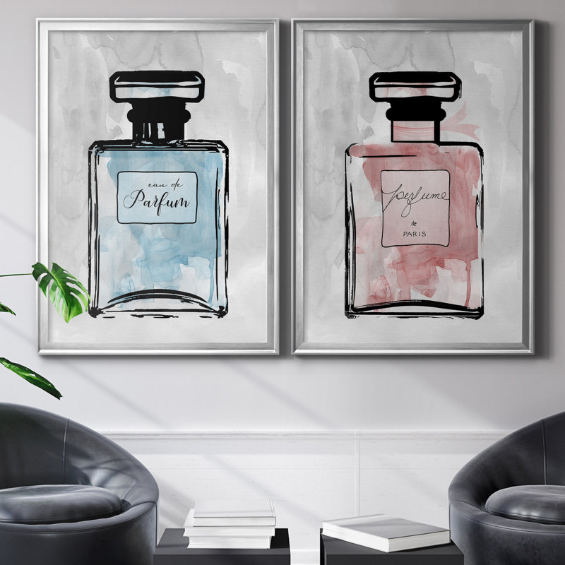 «Blue Wash Perfume», ensemble de 2 reproductions d'art, Pas de tapis, Toile encadrée argentée, H 22,5 po x l 61 po x P 1,5 po