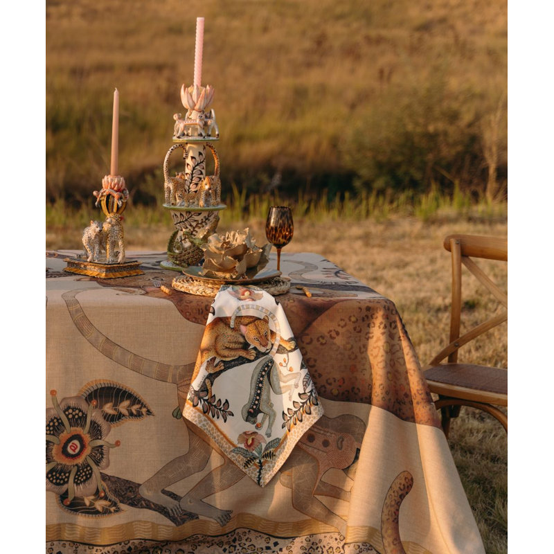 Monkey Tales Tablecloth - Linen, 138" L, Stone