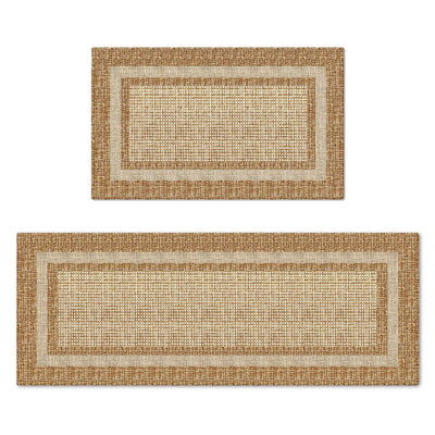 2-Piece Beige Plaid Washable Non-Slip Kitchen Rug Set, 17x29 & 17x47