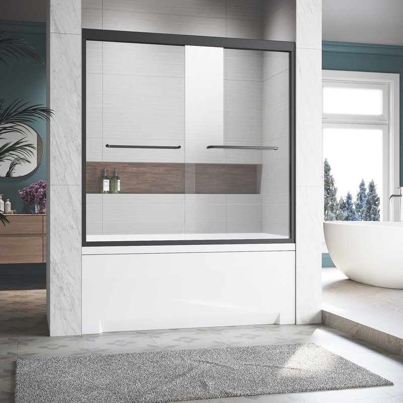 56 - 60 In. W X 57 H Bathtub Door, Semi Matte Black, Tempered Glass, Stainless Steel Handles, Wall Profile Accommodation Tub , 304 Handles