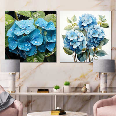 Blue Hydrangea Flower Elegance I - Hydrangea Canvas Art Print Set Of 2