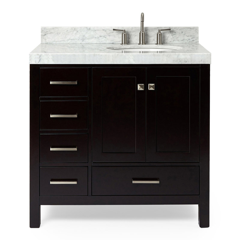 Ariel Cambridge 36 In. Right Offset Vanity With 2 In. Carrara Marble Countertop, Brushed Nickel, Espresso
