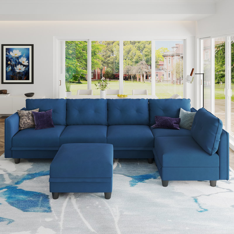 Canapé modulaire réversible avec repose-pieds Bresee, Velours bleu, H 34 po x l 112 po x P 81 po