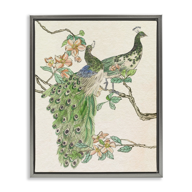 "Peacock pair on Branch", art mural sur toile flottante par Melissa Wang, H 21 po x l 17 po, Cadre flottant gris lustré