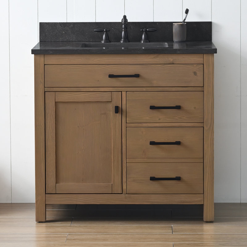 Ensemble de meuble-lavabo simple 36 po Ajiya, Naturel texturé / noir mat, Calcaire bleu