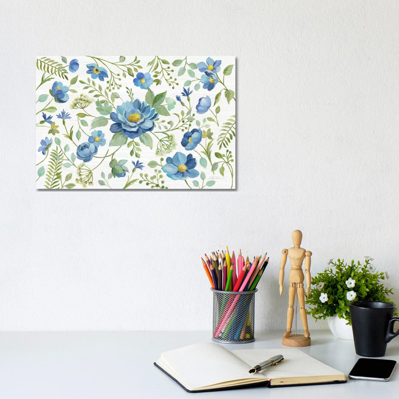 «Botanical Blue I» par Silvia Vassileva - impression d'art graphique, Pas de tapis, Toile tendue