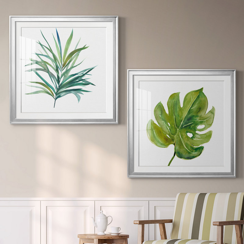 Palmier III - ensemble de 2 reproductions, H 26,5 po x l 53 po x P 1,5 po, Papier avec cadre argenté, Blanc