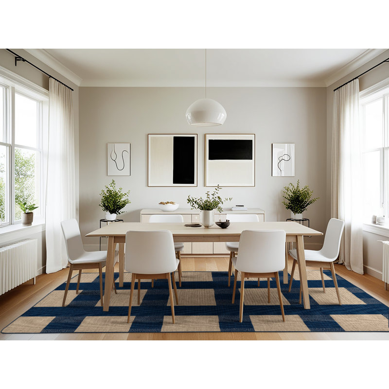 Machine Washable Checkered Blue Area Rug, Rectangle 7' x 10'
