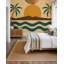 Fresque murale rétro côtière avec palmiers et coucher de soleil, paysage du milieu du siècle-1343533873-1343533835