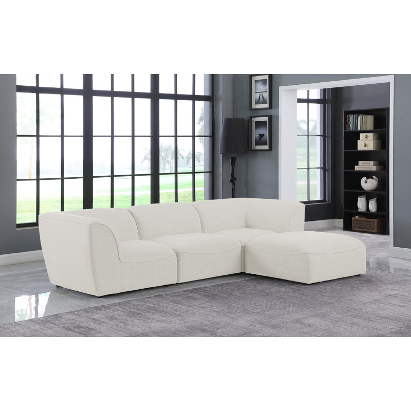Camani Upholstered L-Shaped Sectional with Ottoman Reversible, Cream Linen Textured Fabric