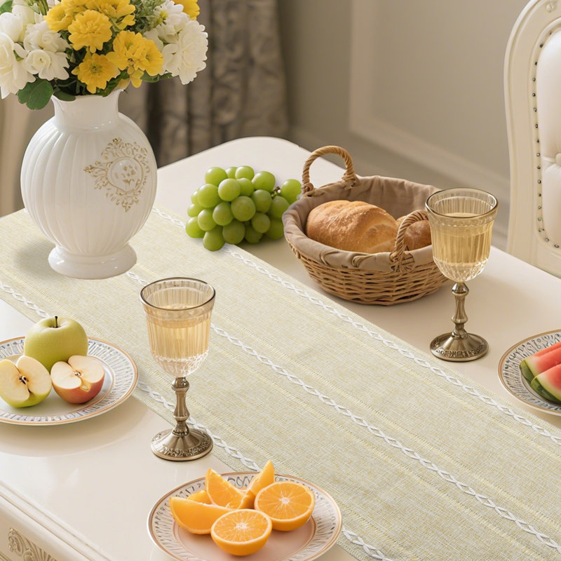 Cotton Blend Hemstitched Embroidered Striped Table Runner With Tassels, 94" Rectangle, Cream