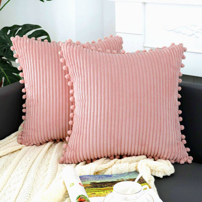 Soft Striped Boho Pom Pom Pillow Covers - Blush Pink Farmhouse Decor for Couch, Sofa, Bed, Chair - Pack of 2 Outdoor Throw Pillows