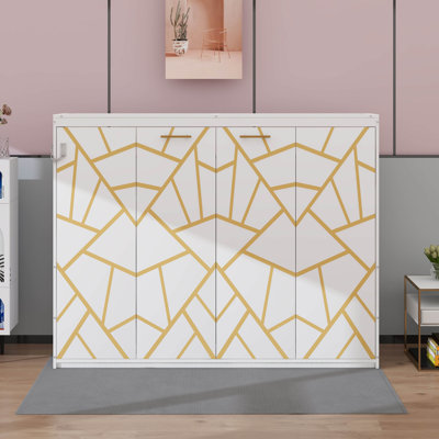 Horizontal Murphy Bed With LED Lighting, Wood Folding Murphy Chest Bed With USB Charging, Trendy Printed Pattern