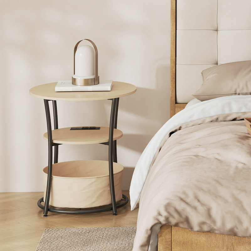 Round Side Table with Charging Station, 3-Tier End Table with Fabric Storage Bag, Shelf and Steel Frame for Living Room, Natural Wood