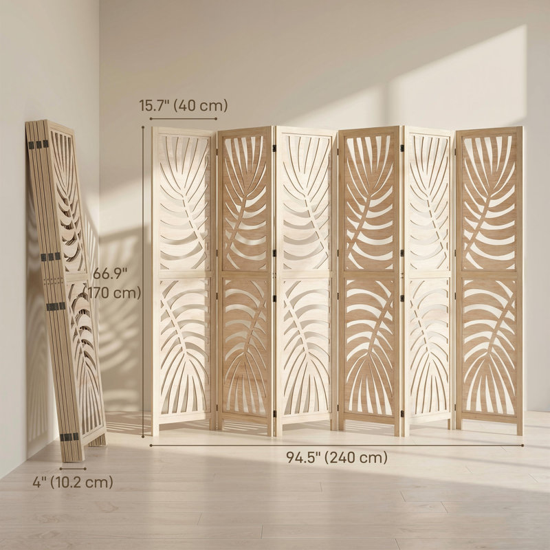 6 Panel Room Divider, Detachable Privacy Screens, Natural Wood