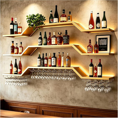 3-Tier Modular Wine Rack Wall Mounted,Move Individual Shelf with LED Lights | 39.4in Gold Modern Wall Bar Shelves with Glass Holder, Liquor Bottles Floating Shelf,Metal for Bar Home Bar Dining Room Cafe