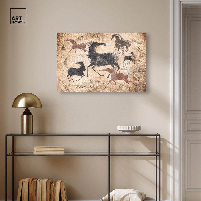 Dessin de caverne, chevaux, toile, animaux de ferme, Art par Art Remedy, Toile tendue, H 20 po x l 30 po