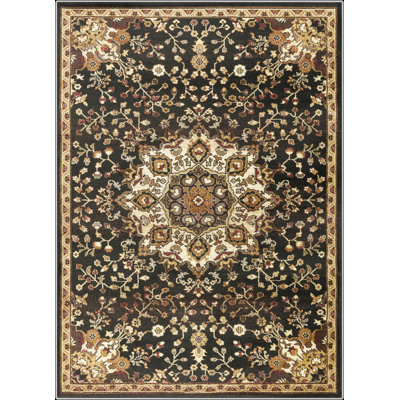 Tapis à motif médaillon noir classique, 2,39 m x 3,12 m, design intemporel et tendance