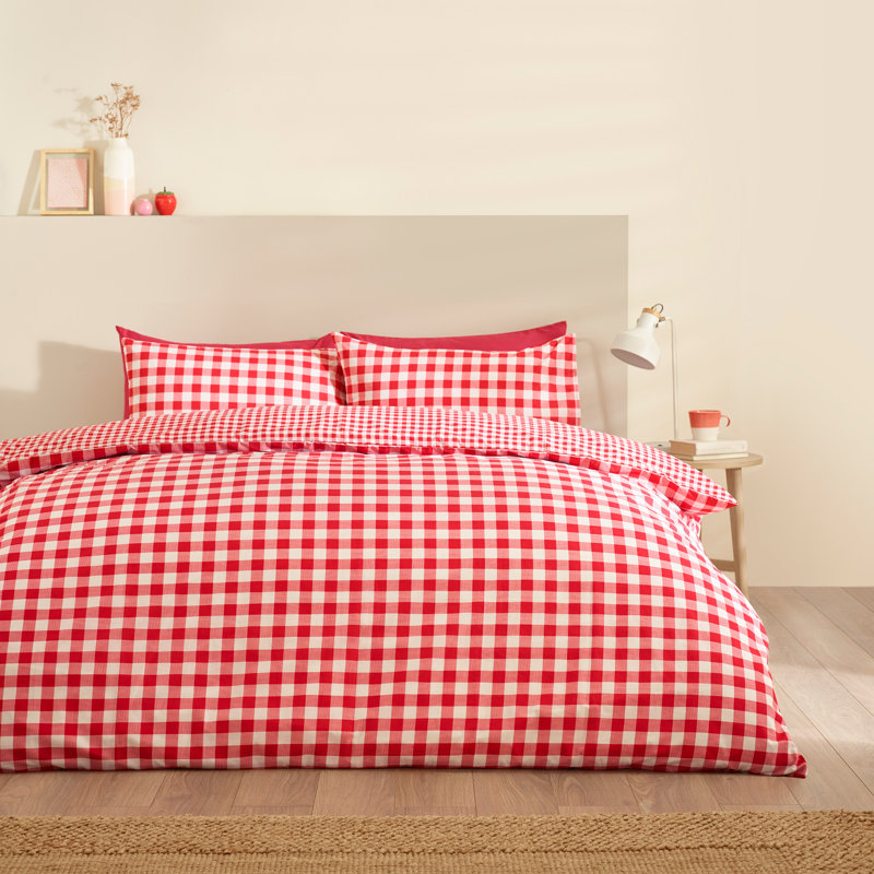 Bamford Gingham Check Reversible Duvet Cover Set, Single, Red