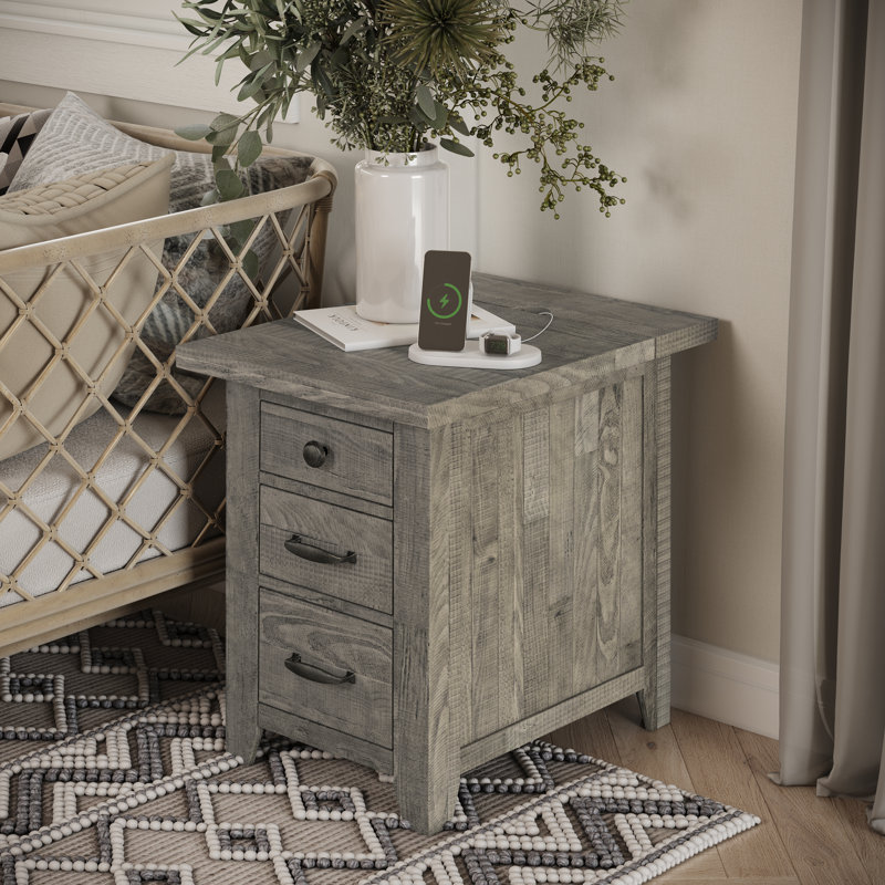 Braden Solid Wood Top 3 - Drawer End Table and Built-In Outlets, Driftwood Gray