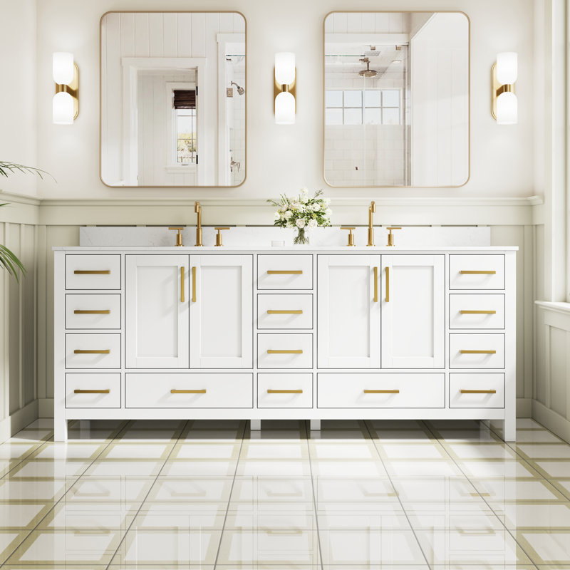 Meuble-lavabo autoportant en bois massif l 84 po x H 35 po avec comptoir en marbre de culture blanc de Carrare et double lavabo en céramique, blanc